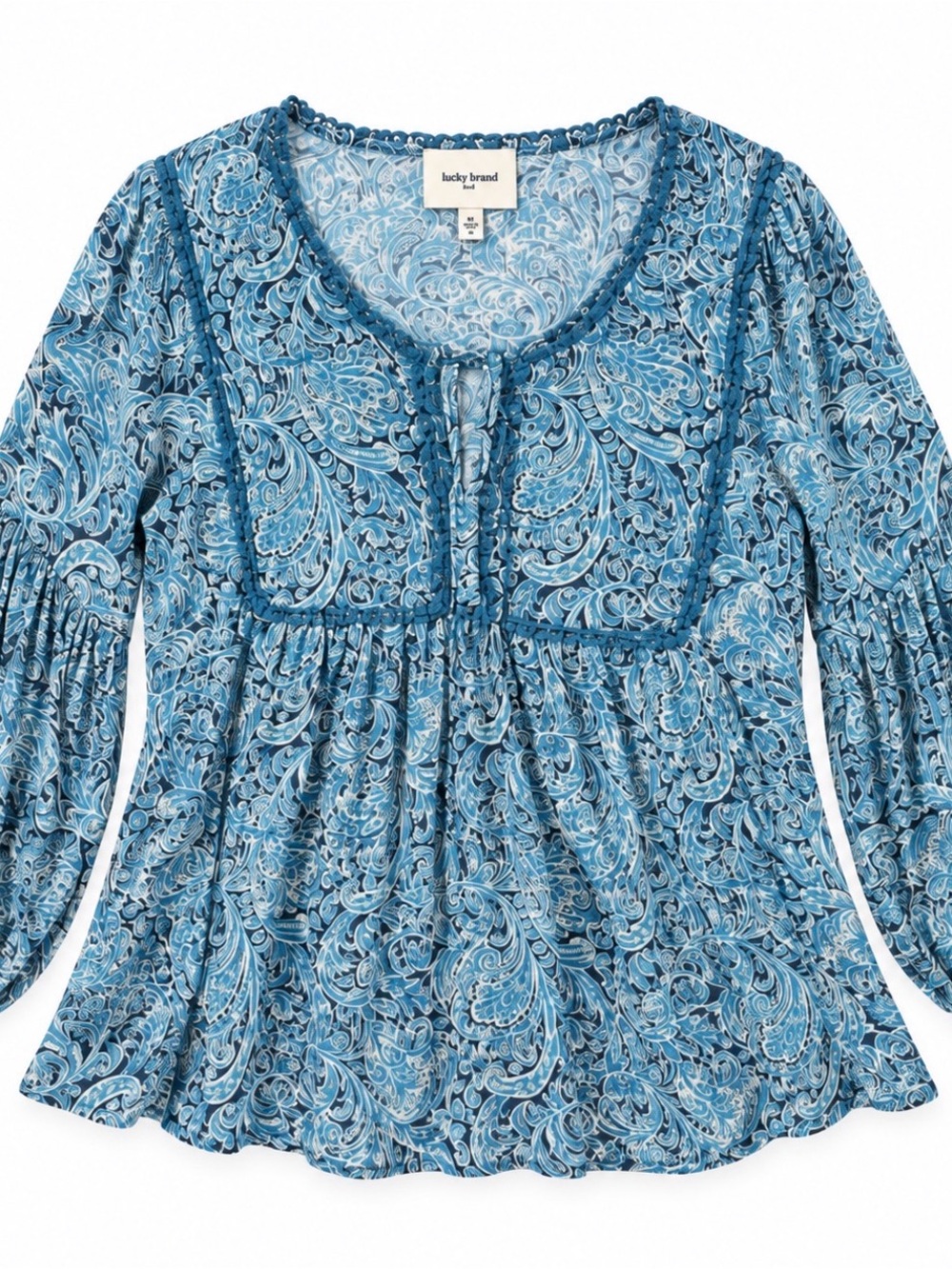 Haute Hippie Tribe Medium Blue Paisley Modal Boho Peasant Blouse Balloon Sleeve